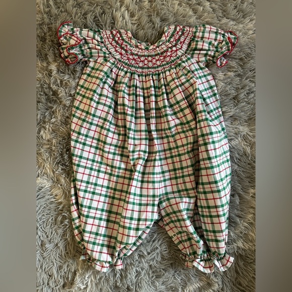 Classic Whimsy Other - Baby Red White & Green Plaid Baby Romper Bubble Geometric Smocked Details